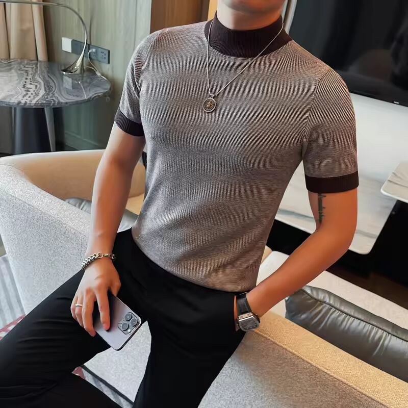 Turtleneck Short Sleeve Sweater Mens Clothing Autumn New Korean Slim Fit Casual Knitted Men's Sweaters Big Size Pull Homme 4XL-M