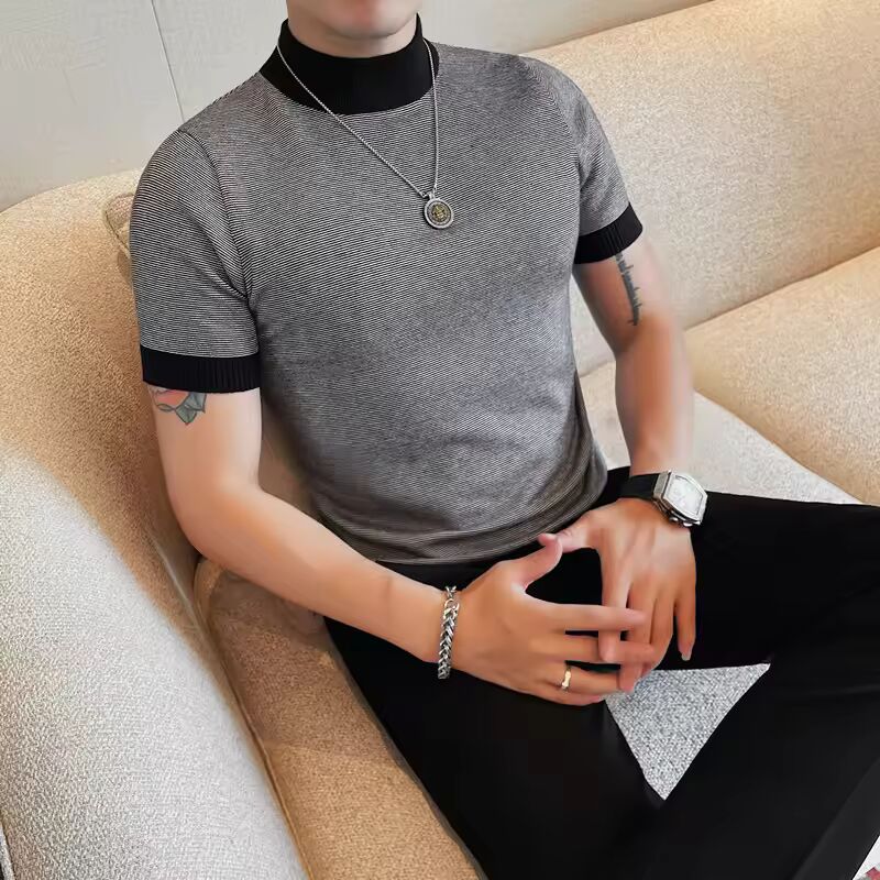 Turtleneck Short Sleeve Sweater Mens Clothing Autumn New Korean Slim Fit Casual Knitted Men's Sweaters Big Size Pull Homme 4XL-M